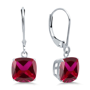 Cushion Cut Bridal Dangling Leverback Earrings Simulated Ruby CZ 925 Sterling Silver (3mm-10mm)